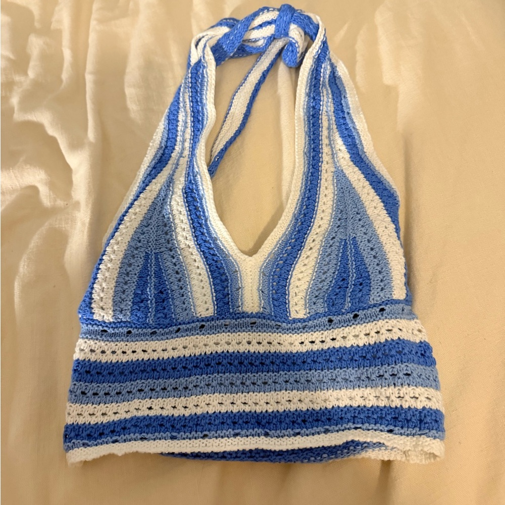 Hollister Blue and White Striped Crochet Top